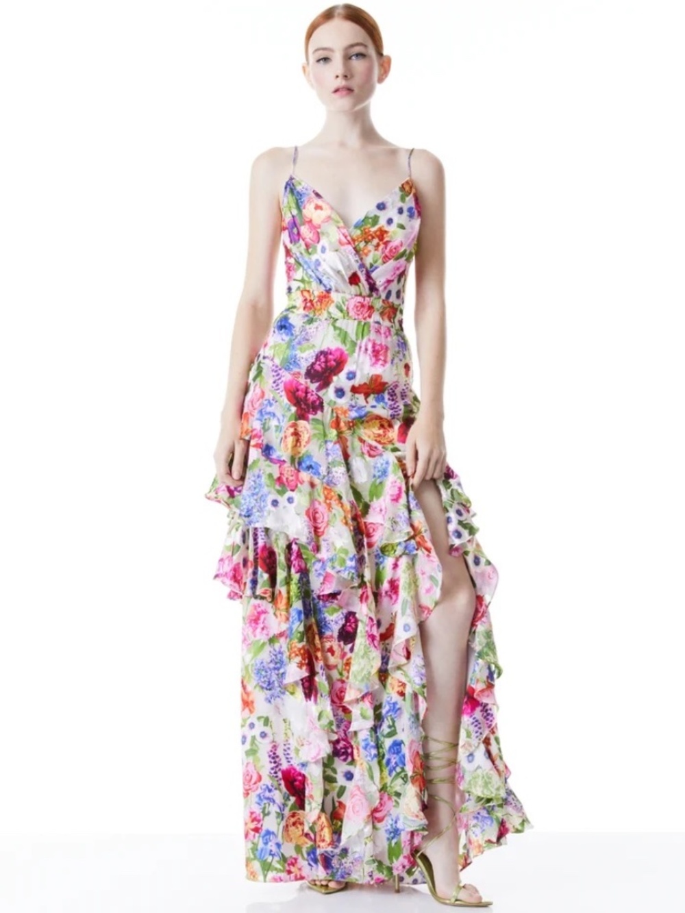 Alice + Olivia Hayden V-Neck Front Ruffle Dress in Flower Shop size 2 - Picture 2 of 15